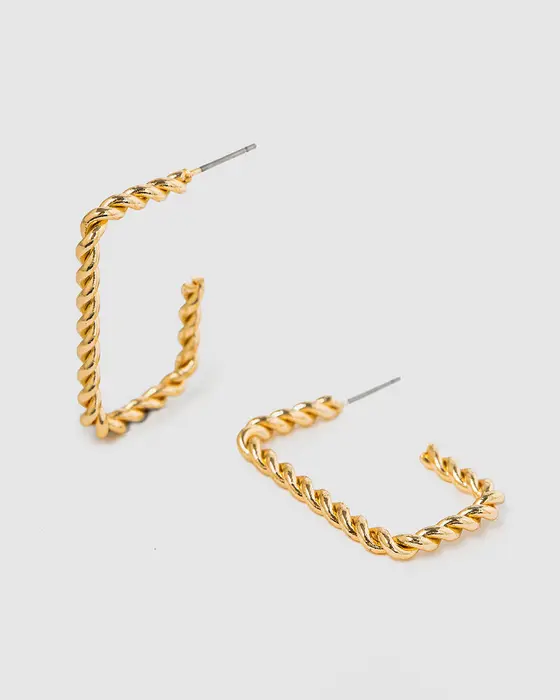 Gold Open Twisted Regtangle Hoop Earrings