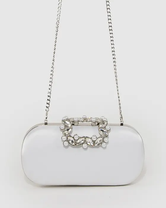White Keeley Crystal Clasp Clutch Bag